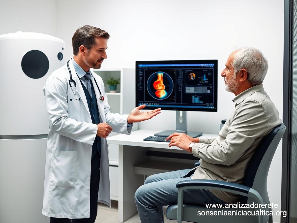 Médico utilizando el analizador cuántico de resonancia magnética con un paciente Médico utilizando el analizador cuántico de resonancia magnética con un paciente
