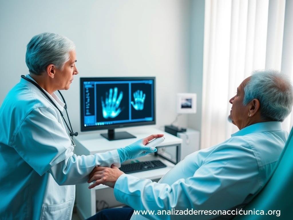 Médico utilizando un analizador cuántico de resonancia magnética con un paciente Médico utilizando un analizador cuántico de resonancia magnética con un paciente