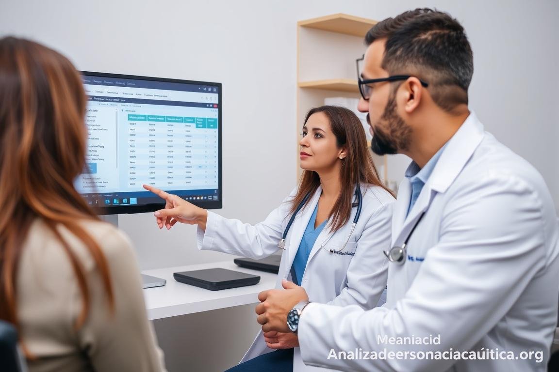 Nutricionista analizando datos del analizador cuántico de resonancia magnética con un paciente Nutricionista analizando datos del analizador cuántico de resonancia magnética con un paciente