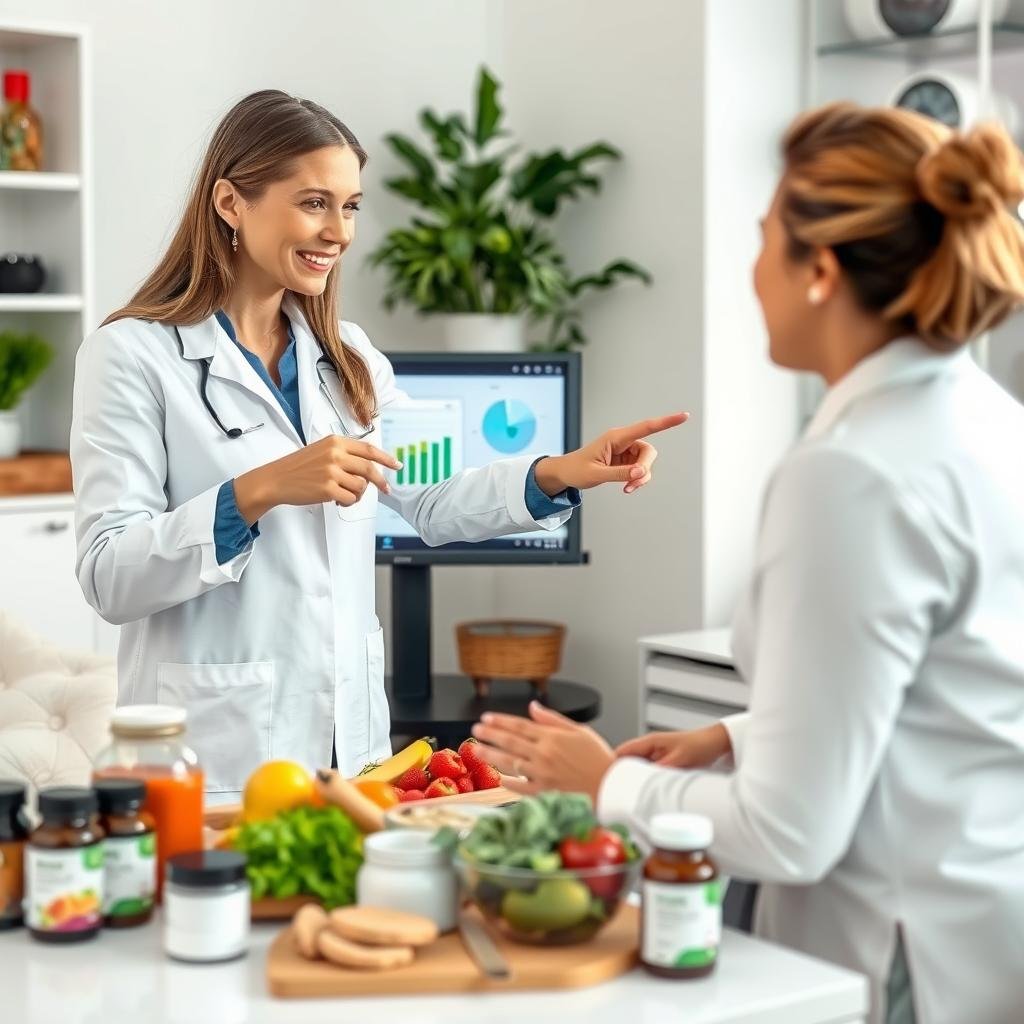 Nutricionista explicando resultados de análisis cuántico Nutricionista explicando resultados de análisis cuántico