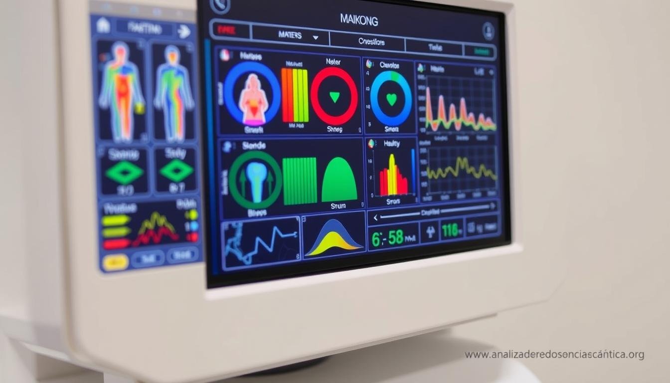 Pantalla del analizador cuántico mostrando diferentes sistemas corporales analizados Pantalla del analizador cuántico mostrando diferentes sistemas corporales analizados