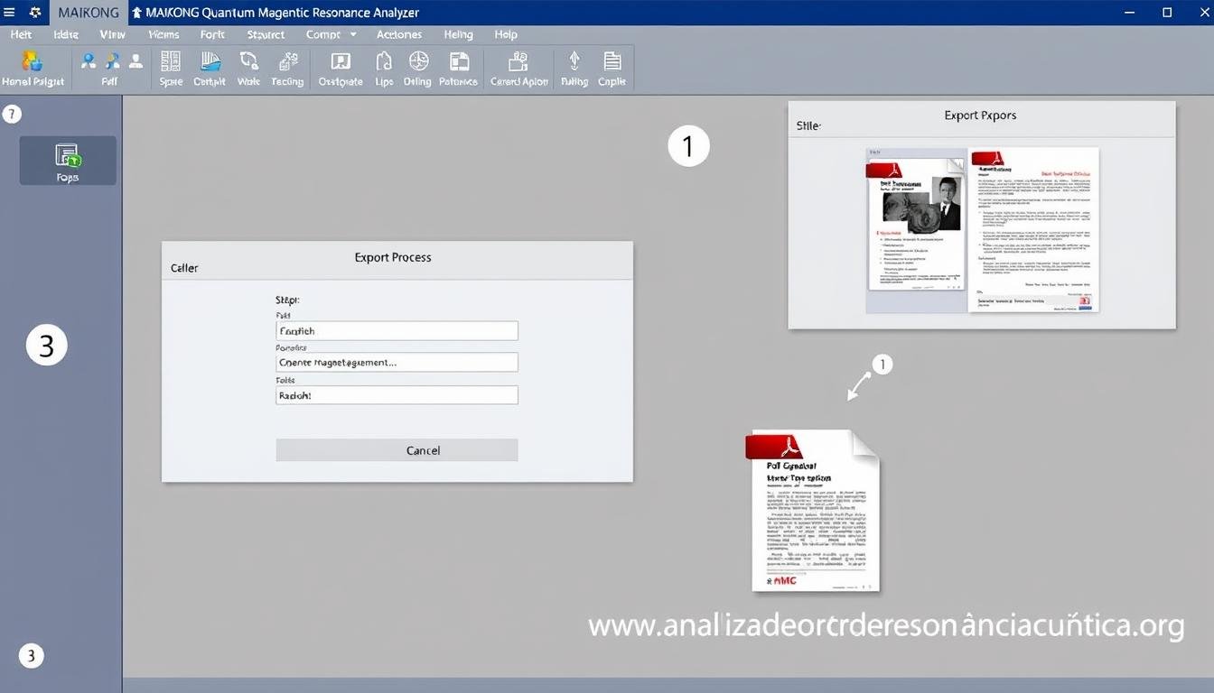 Proceso paso a paso para exportar resultados del analizador cuántico de resonancia magnética a PDF