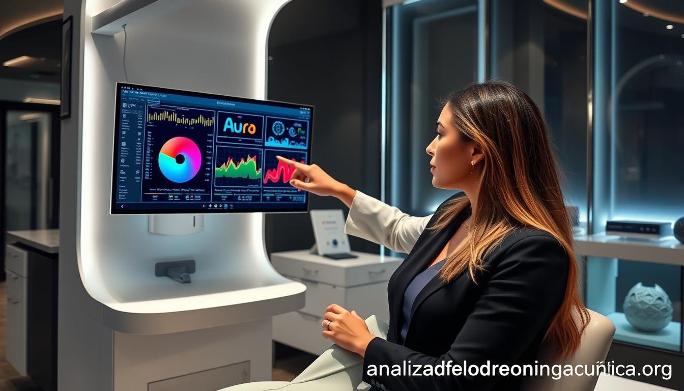 Profesional de estética analizando resultados del analizador cuántico con una cliente Profesional de estética analizando resultados del analizador cuántico con una cliente