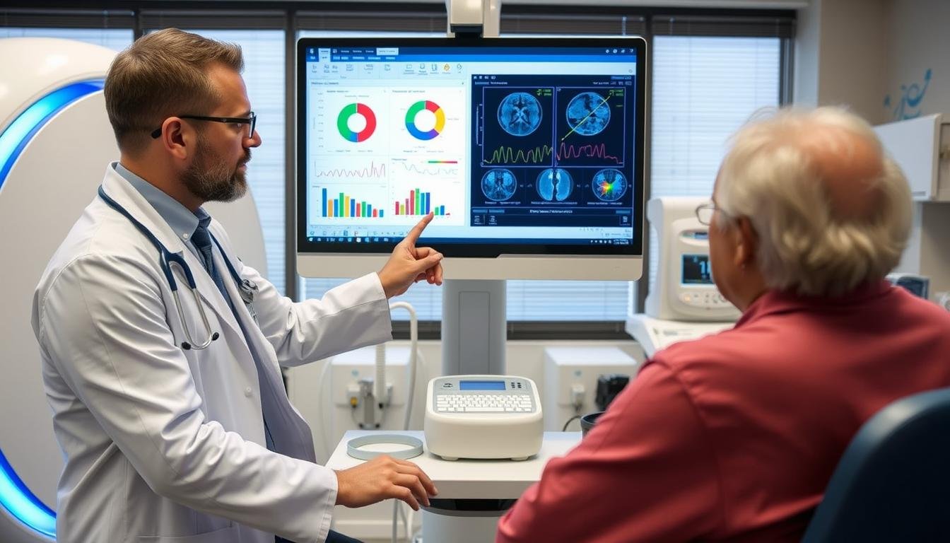 Profesional de la salud explicando un reporte del analizador cuántico de resonancia magnética Profesional de la salud explicando un reporte del analizador cuántico de resonancia magnética