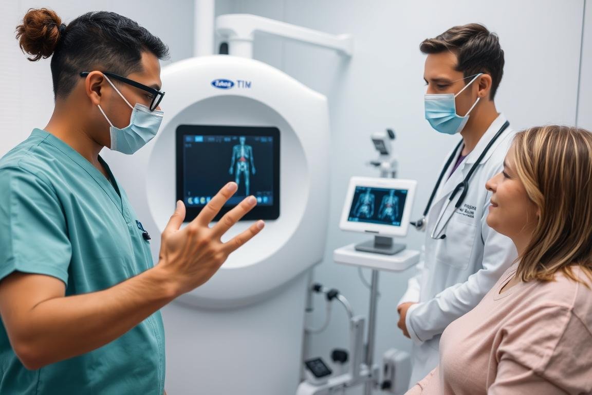 Profesional de la salud realizando análisis con analizador cuántico a un paciente Profesional de la salud realizando análisis con analizador cuántico a un paciente