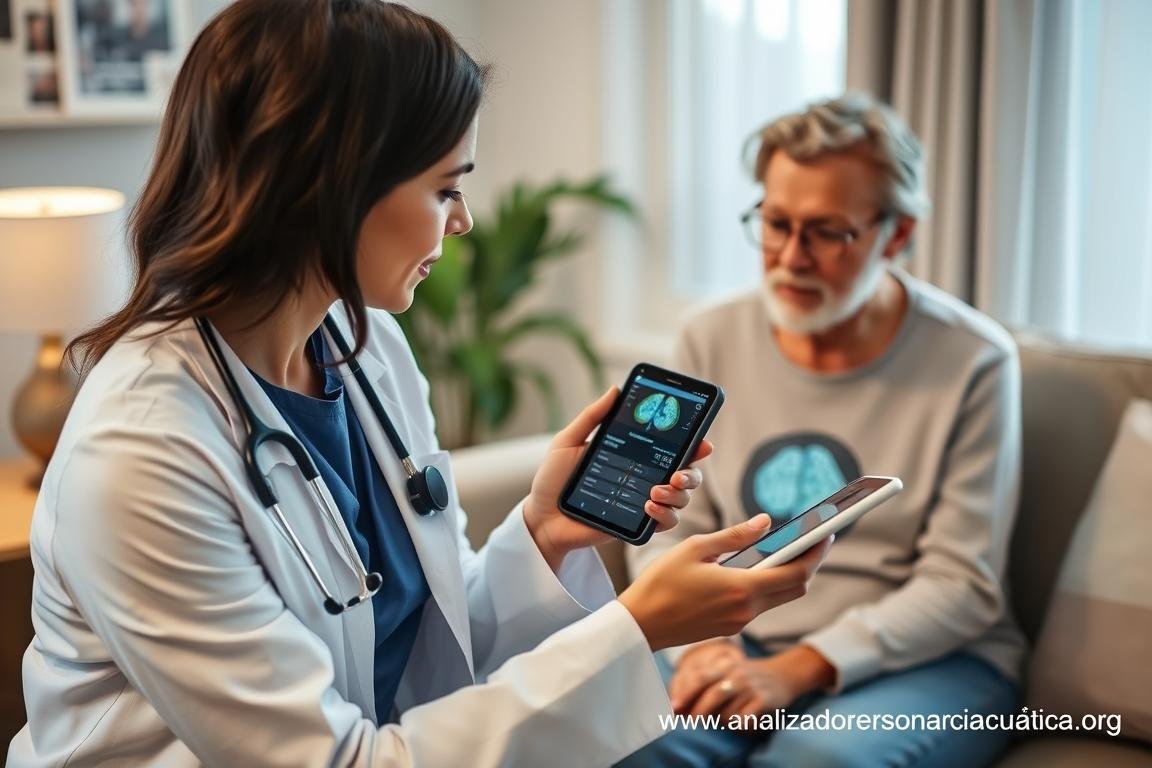 Profesional de la salud utilizando un analizador cuántico portátil en una consulta domiciliaria Profesional de la salud utilizando un analizador cuántico portátil en una consulta domiciliaria