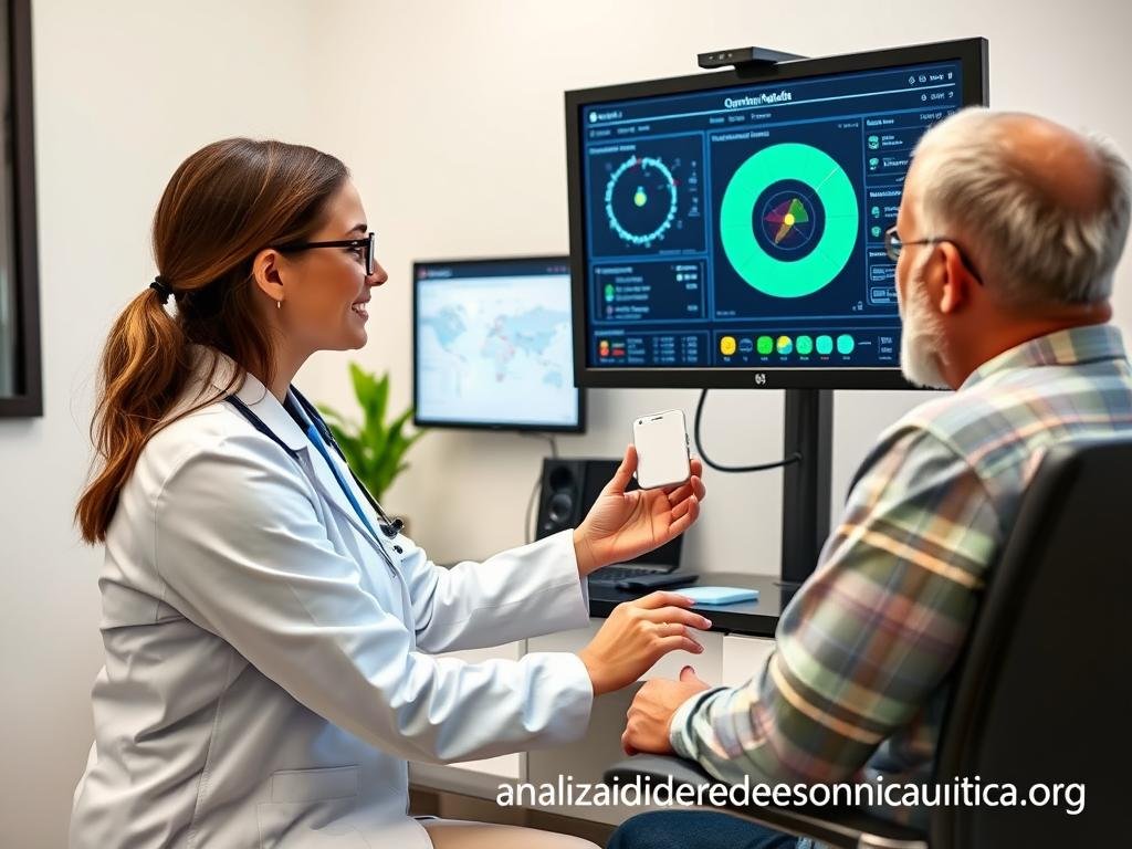 Profesional de salud explicando resultados del analizador cuántico a un paciente Profesional de salud explicando resultados del analizador cuántico a un paciente