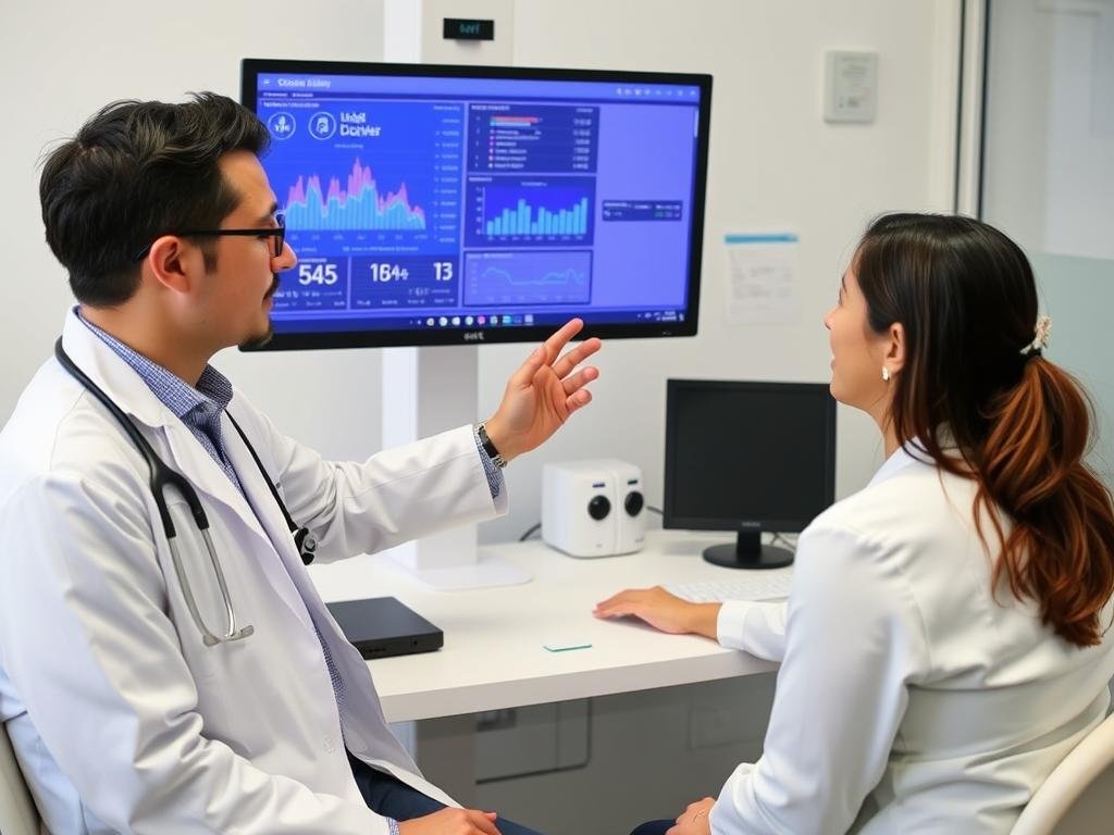 Profesional de salud explicando resultados del analizador cuántico a un paciente Profesional de salud explicando resultados del analizador cuántico a un paciente