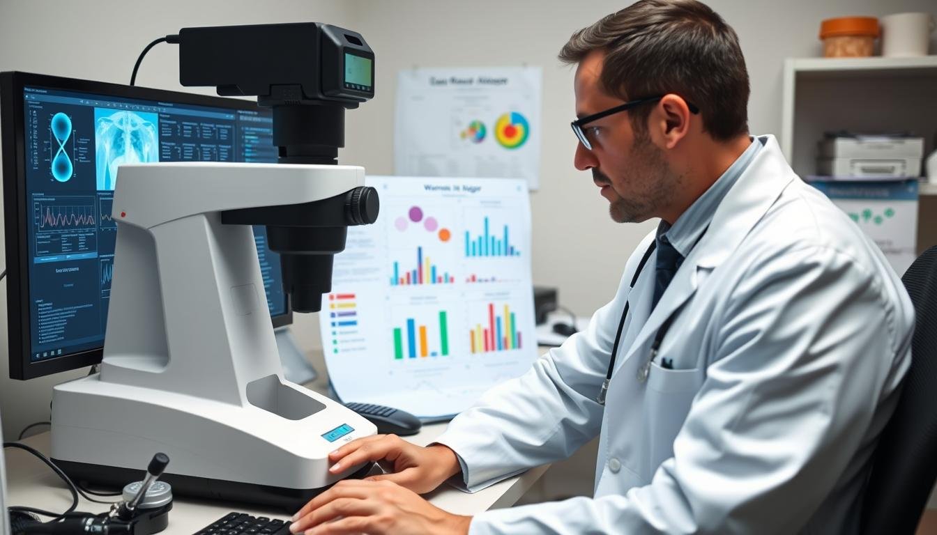 Profesional médico analizando e interpretando resultados del analizador cuántico Profesional médico analizando e interpretando resultados del analizador cuántico