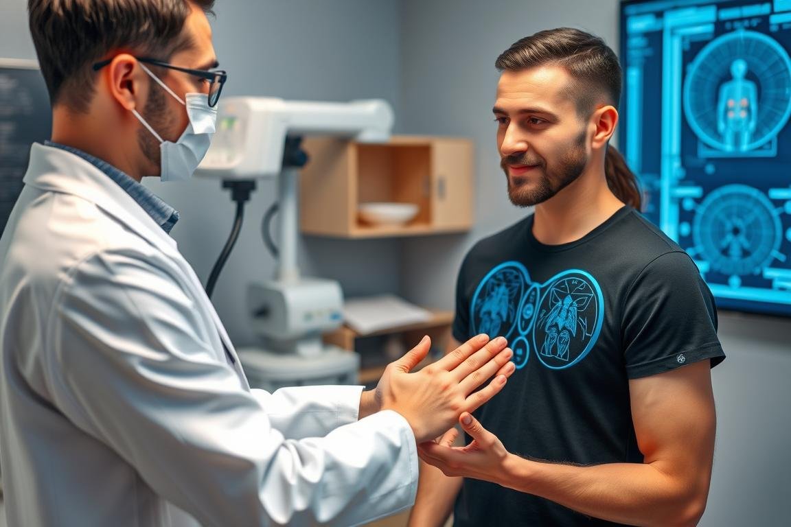 Profesional médico utilizando el analizador cuántico de resonancia magnética 2025 con un paciente Profesional médico utilizando el analizador cuántico de resonancia magnética 2025 con un paciente