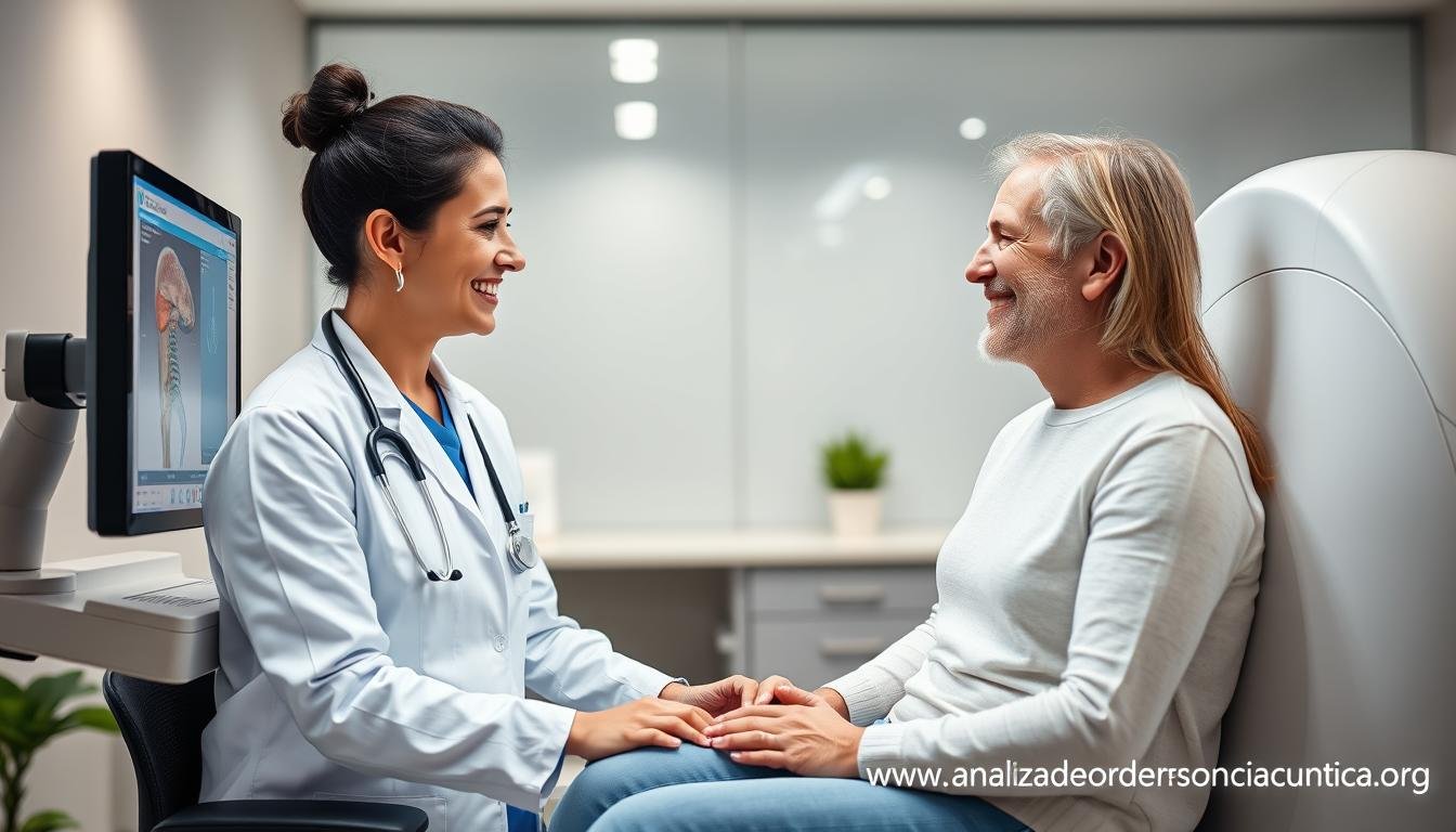 Profesional satisfecho utilizando un analizador cuántico con un paciente Profesional satisfecho utilizando un analizador cuántico con un paciente