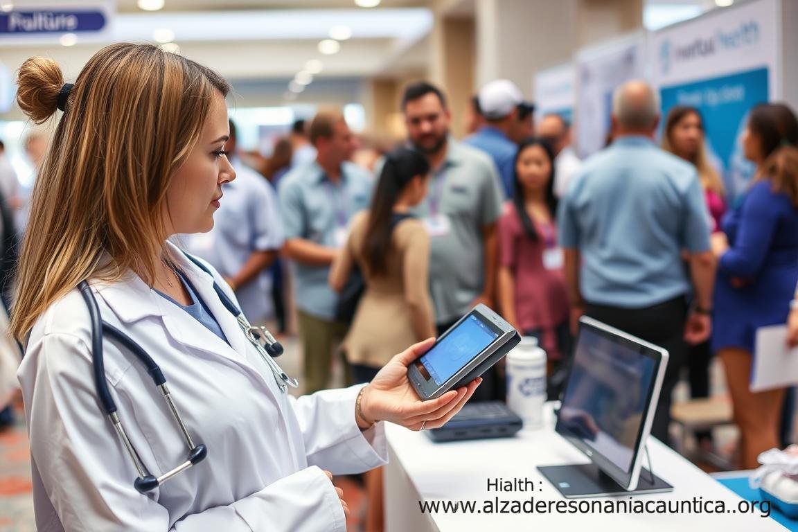 Profesional utilizando analizador portátil en una feria de salud Profesional utilizando analizador portátil en una feria de salud