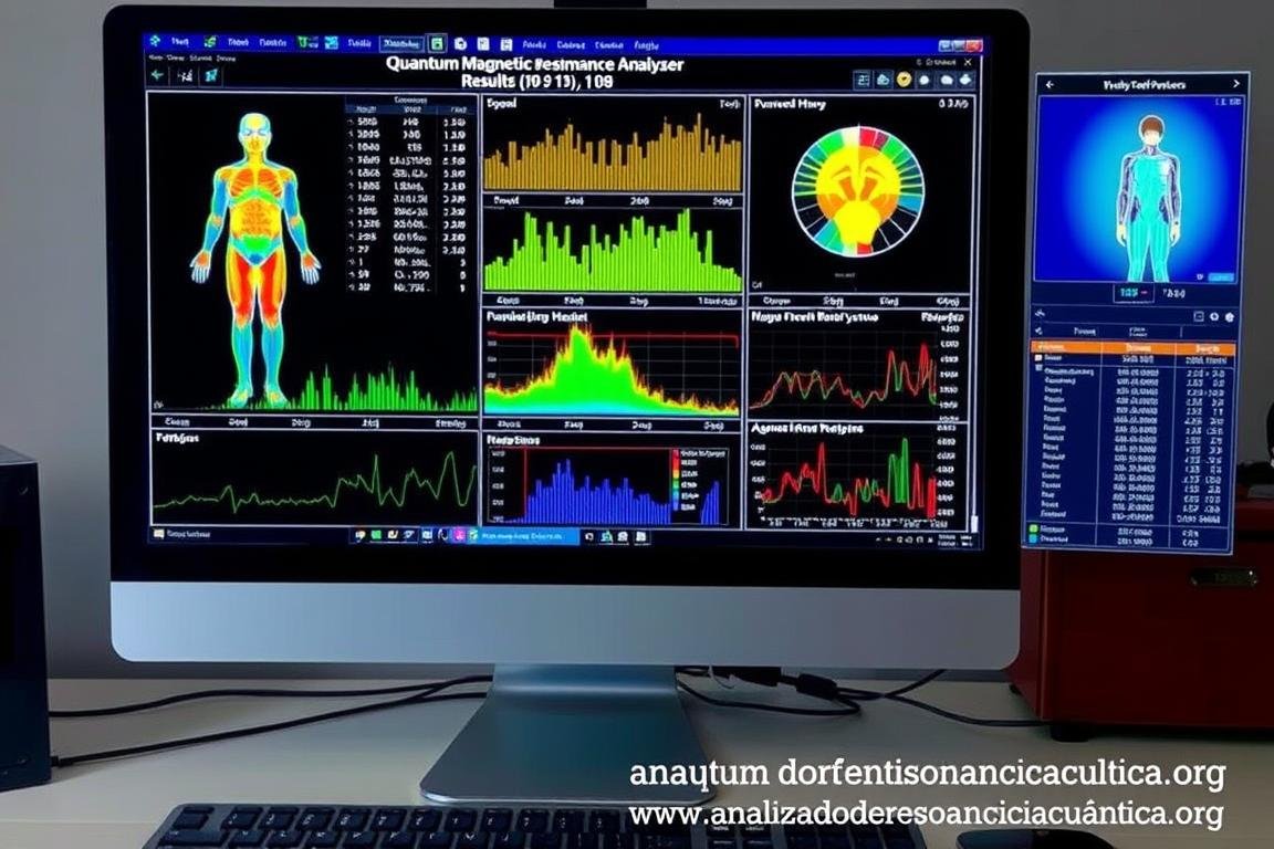 Resultados de análisis en pantalla del analizador cuántico mostrando diferentes parámetros de salud Resultados de análisis en pantalla del analizador cuántico mostrando diferentes parámetros de salud