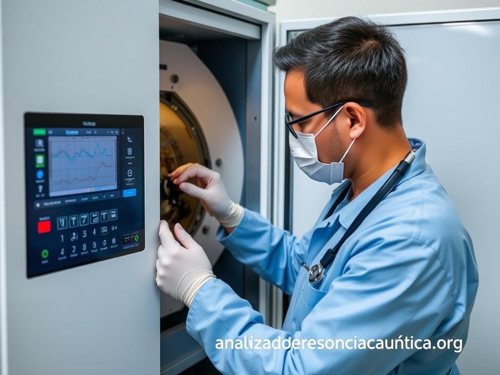 Técnico realizando mantenimiento al analizador cuántico de resonancia magnética