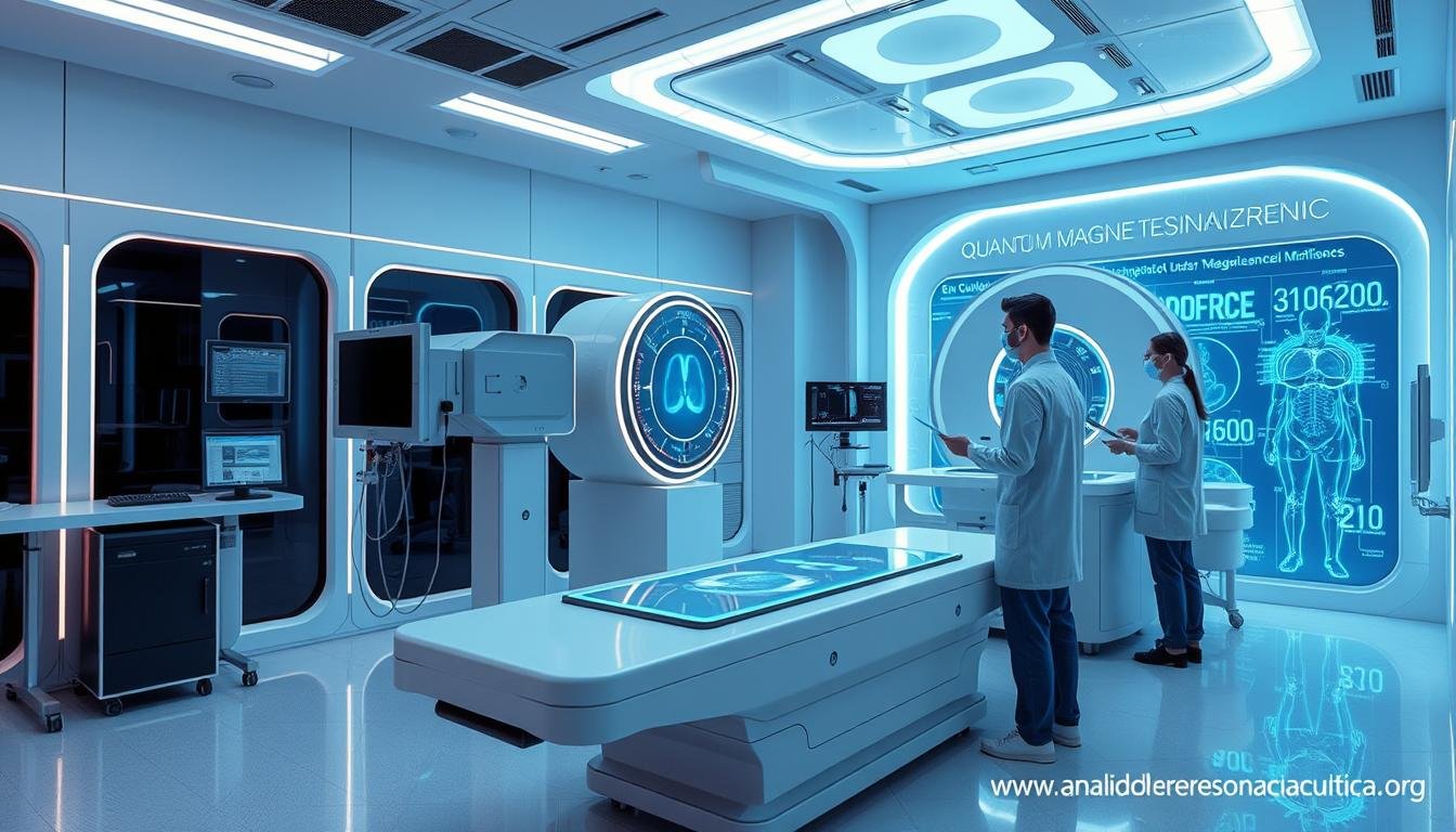Tecnología futurista de analizador cuántico de resonancia magnética en entorno clínico moderno Tecnología futurista de analizador cuántico de resonancia magnética en entorno clínico moderno