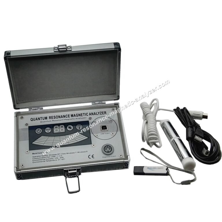 Analizador cuántico de resonancia magnética MAIKONG con laptop mostrando interfaz de software versión 2026