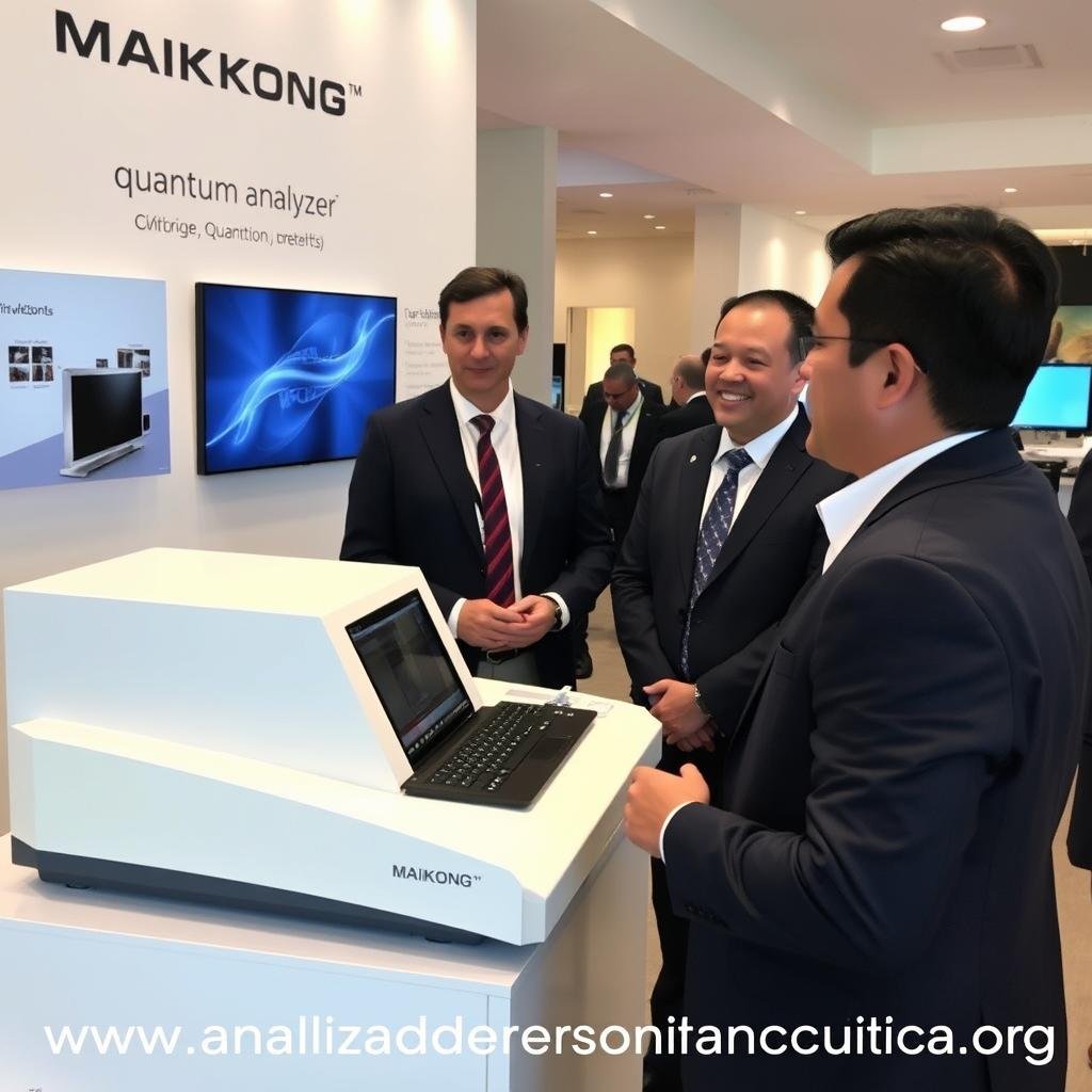 Distribuidor mostrando el analizador cuántico a clientes potenciales