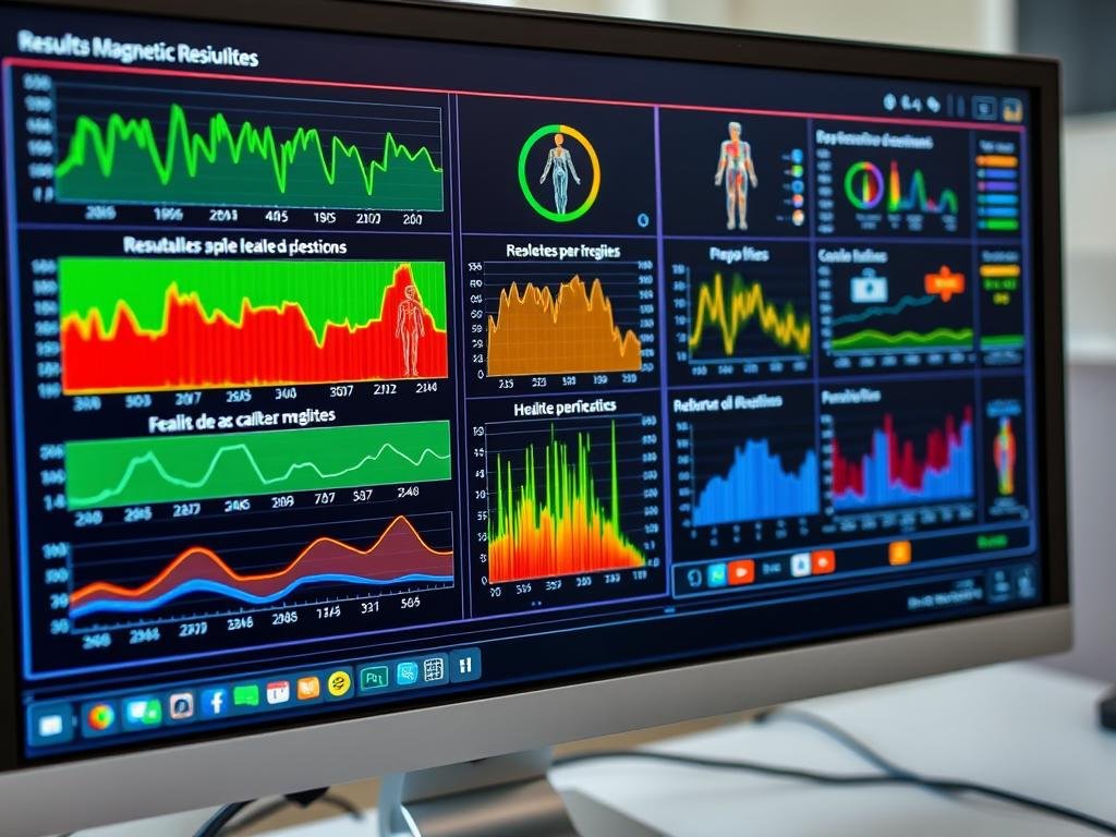 Pantalla de resultados del analizador cuántico mostrando múltiples parámetros de salud