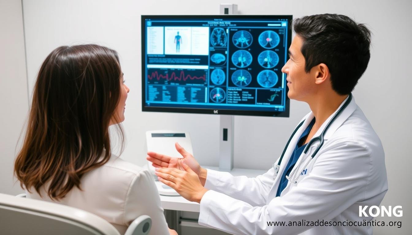 Profesional de la salud explicando resultados del analizador cuántico