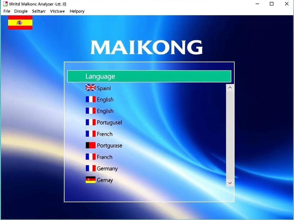 Software original del analizador cuántico MAIKONG mostrando múltiples idiomas disponibles