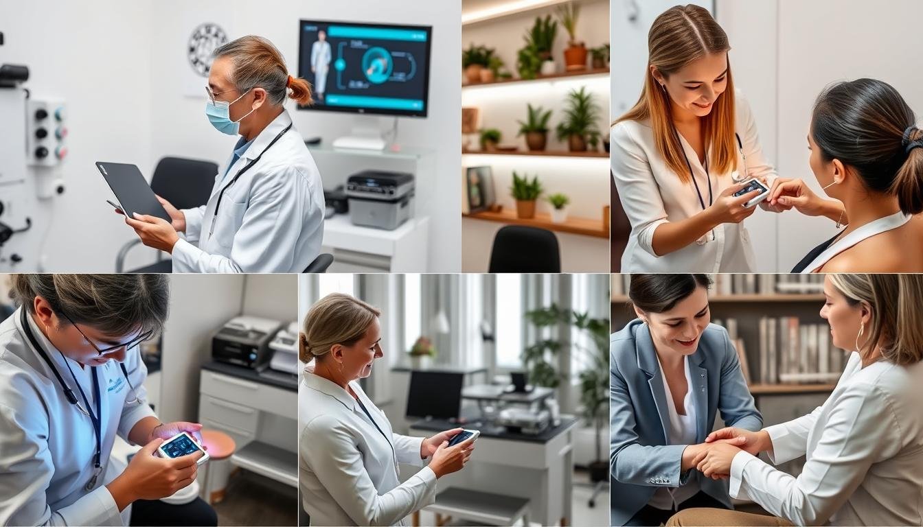 Profesionales utilizando el analizador cuántico de resonancia magnética en diferentes entornos