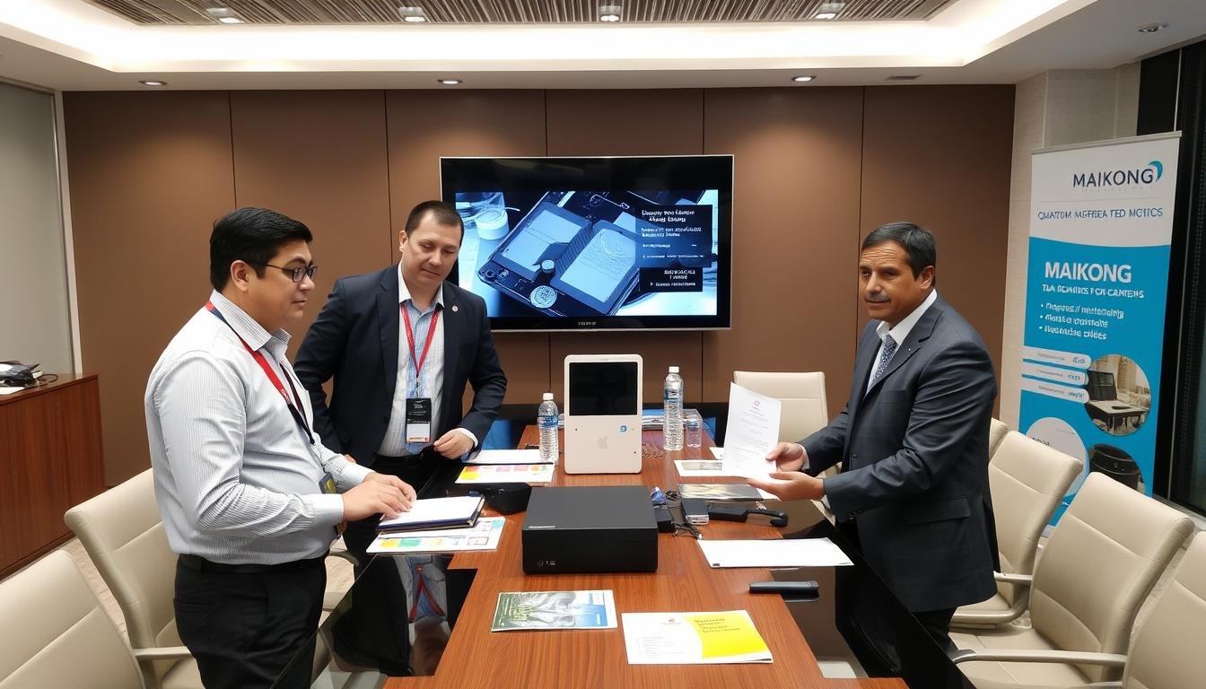 Representante de MAIKONG capacitando a distribuidores sobre el analizador cuántico
