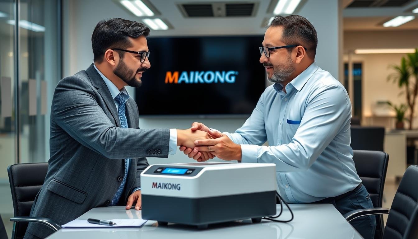 Representante de MAIKONG con distribuidor mexicano mostrando el analizador cuántico