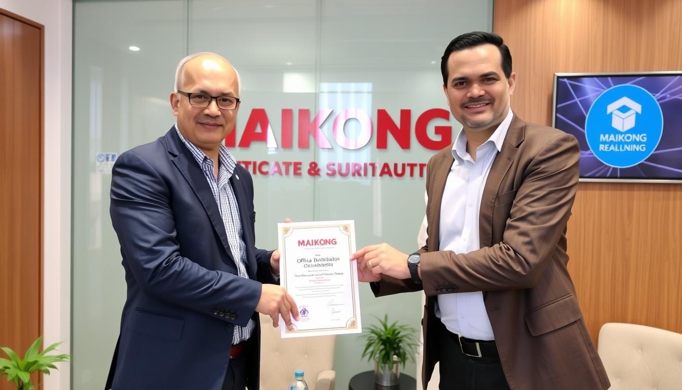 Representante de MAIKONG entregando certificado a nuevo distribuidor