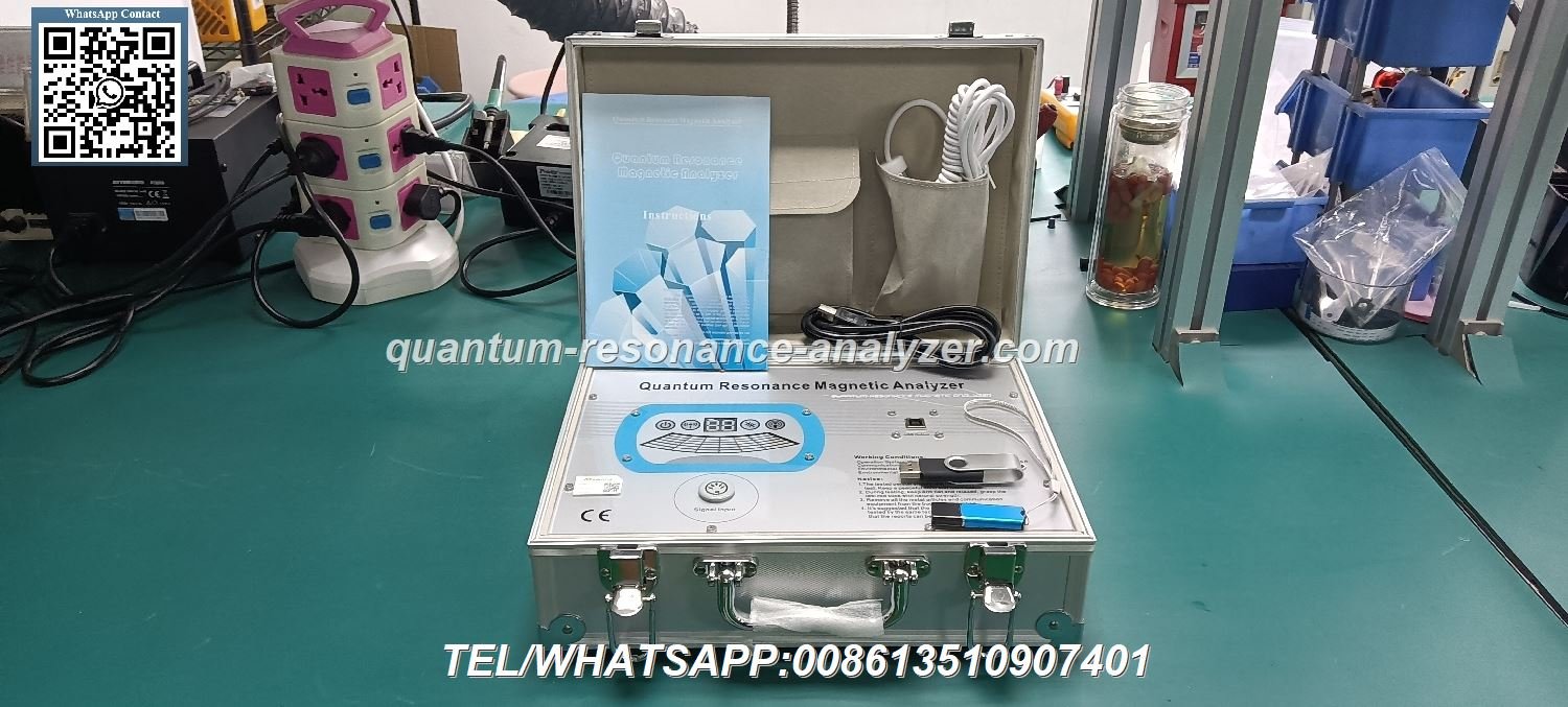 Analizador cuántico de resonancia magnética MAIKONG con sensor manual y pantalla de computadora mostrando interfaz de software