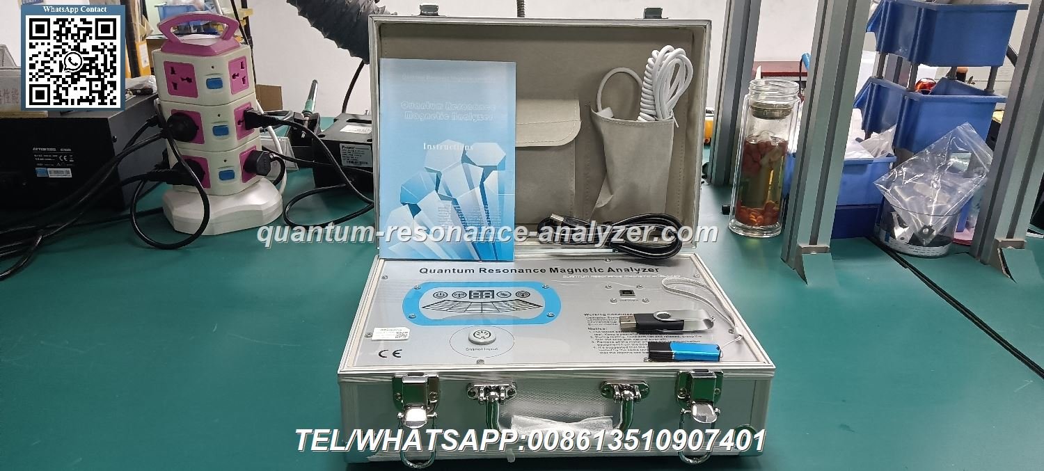 Analizador cuántico de resonancia magnética MAIKONG con sensor manual y laptop mostrando interfaz de software