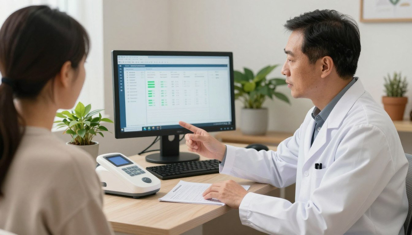 Médico naturista explicando resultados del analizador cuántico a un paciente