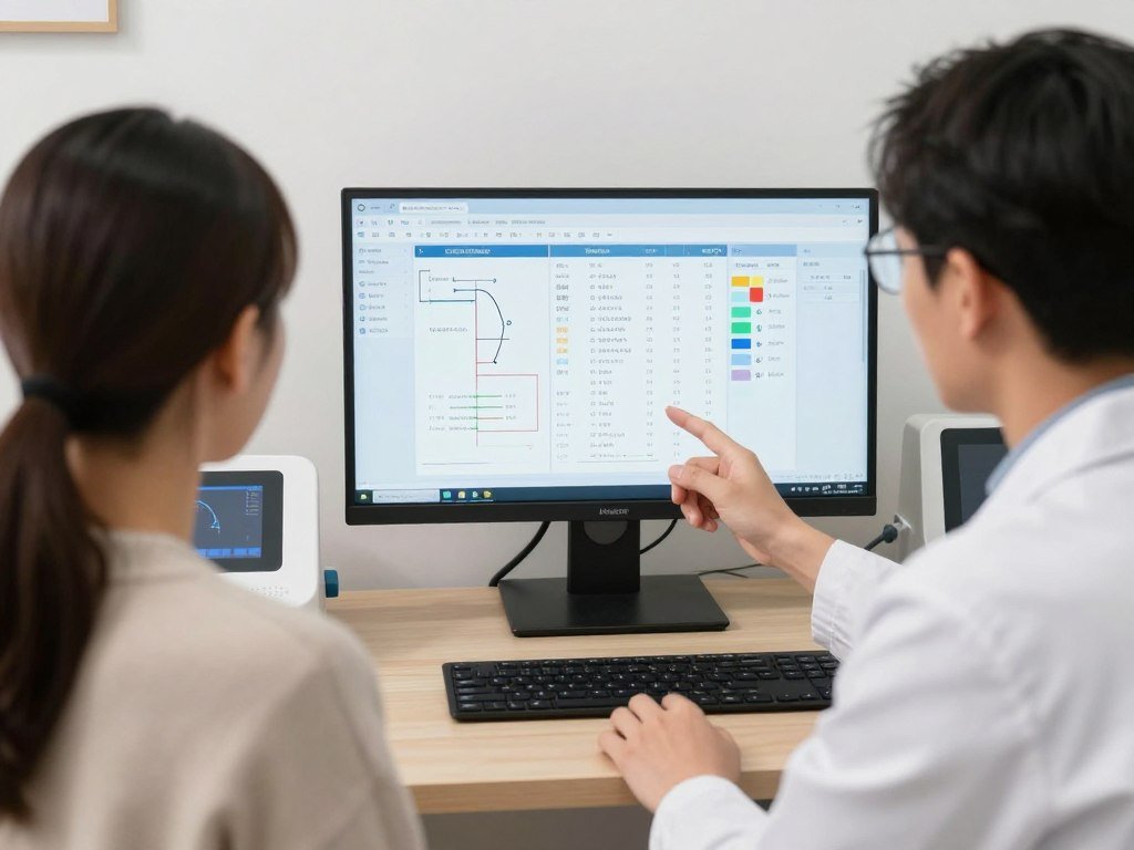 Médico naturista interpretando resultados del analizador cuántico para un paciente