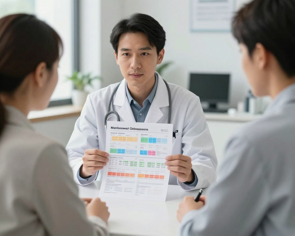 Profesional de salud mostrando reportes impresos del analizador cuántico a paciente en consultorio moderno