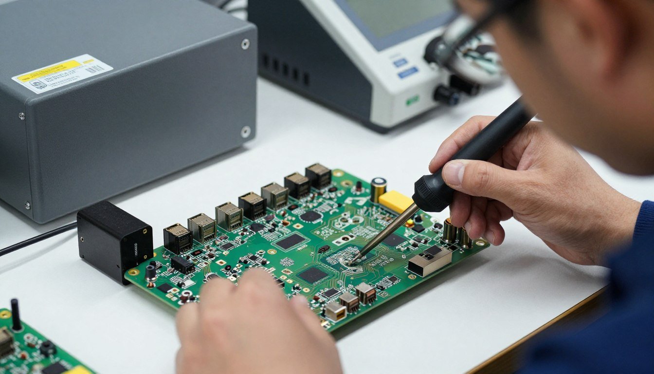 Técnico certificado MAIKONG reemplazando puerto USB de analizador